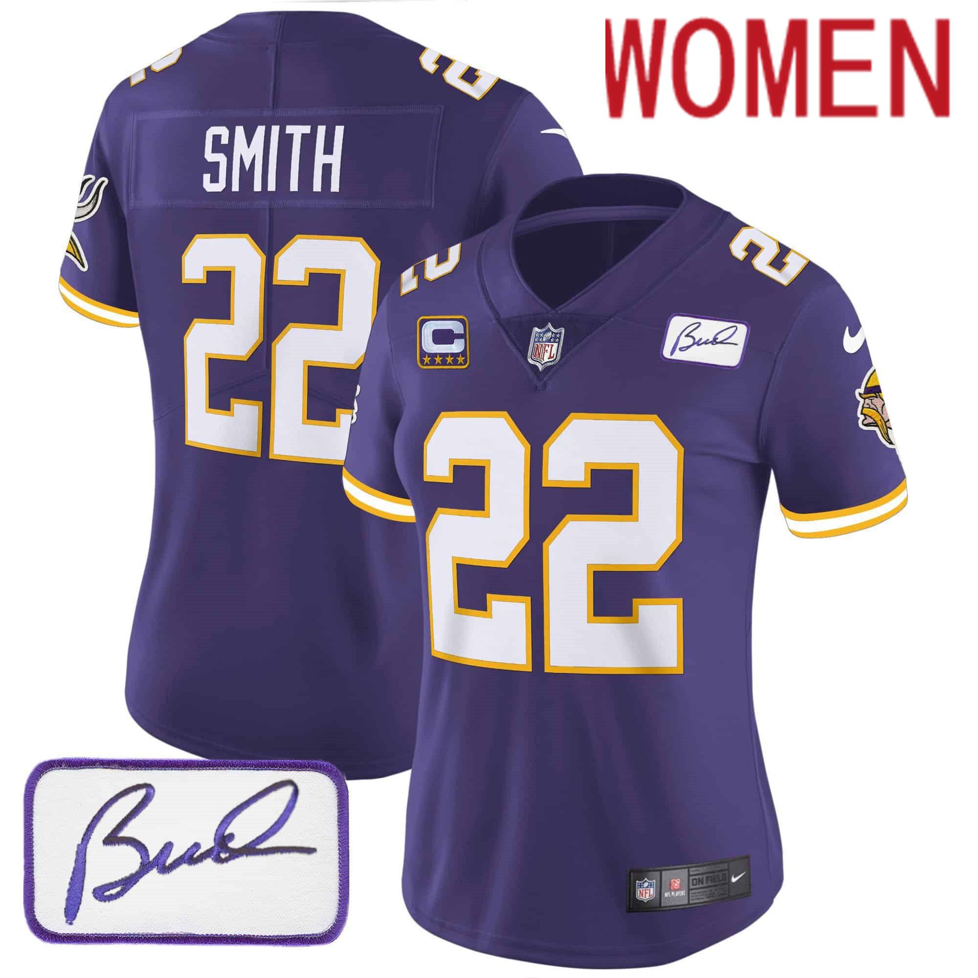 Women Minnesota Vikings 22 Smith Purple 2024 Nike Bud Grant Patch Classic Limited NFL Jersey style 3